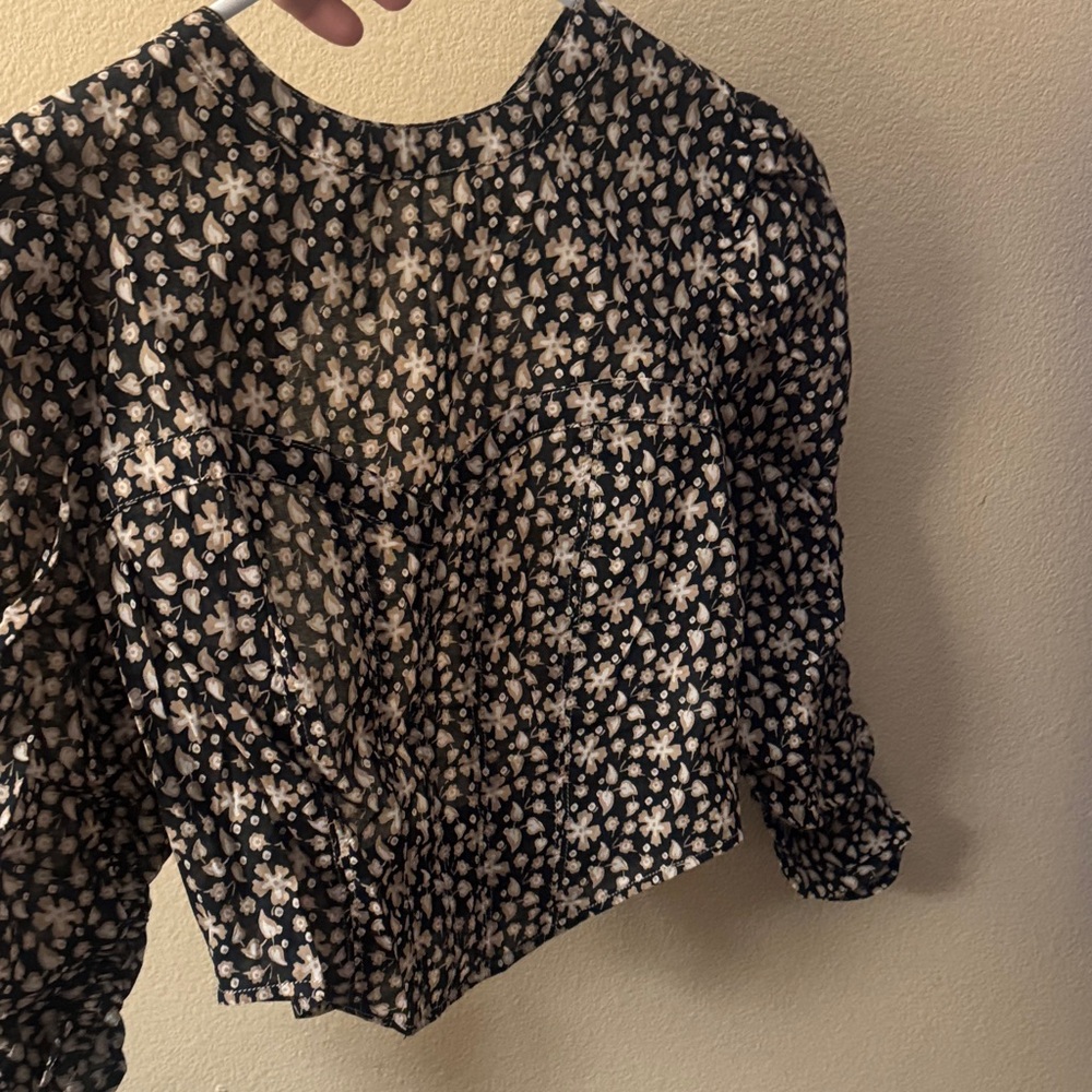 Sheer Black Boho Floral Puff-Sleeve opened backless Blouse
